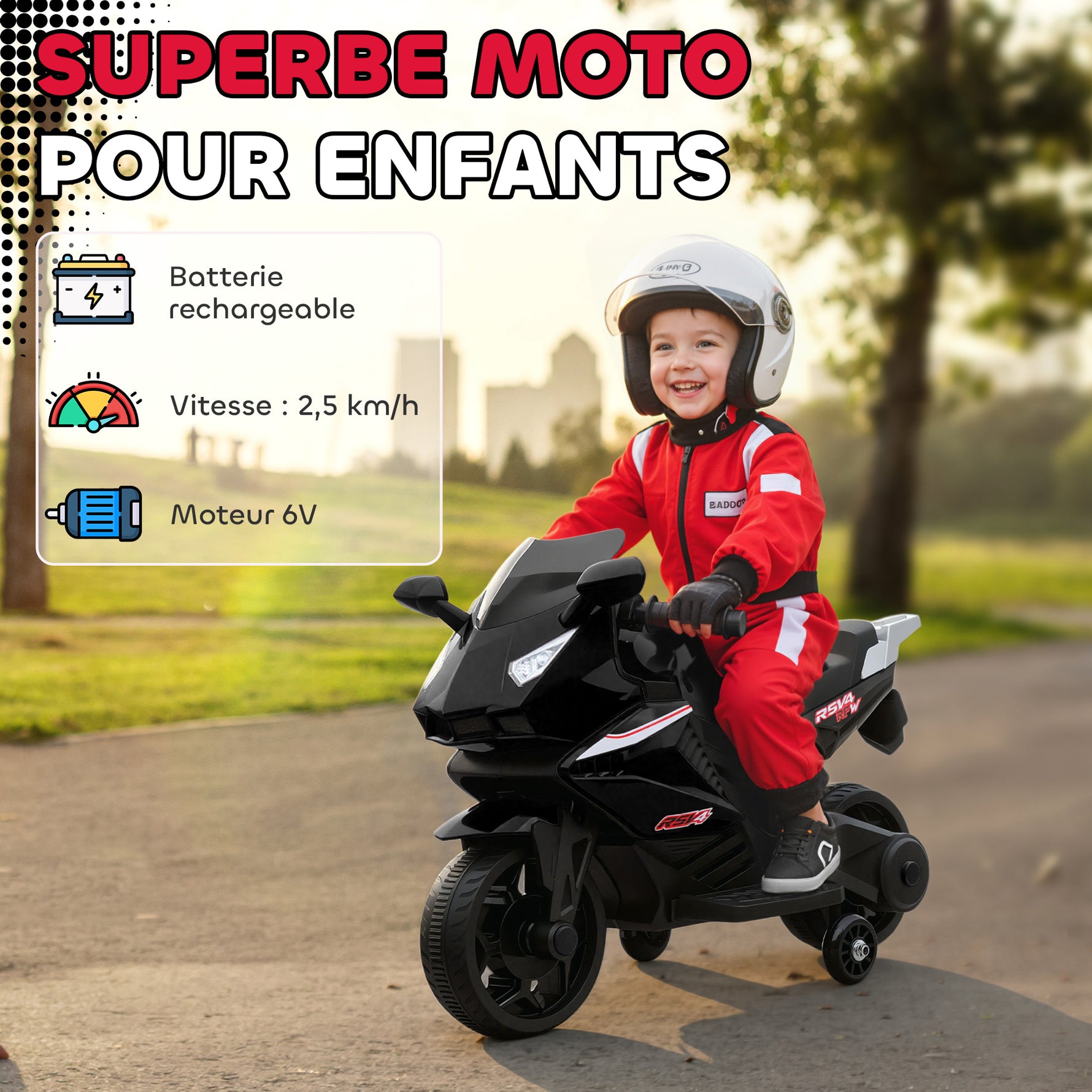 Moto électrique enfants, moto à batterie 6 V avec effets lumineux et sonores, roues d'entraînement, 75x36x49cm, noir