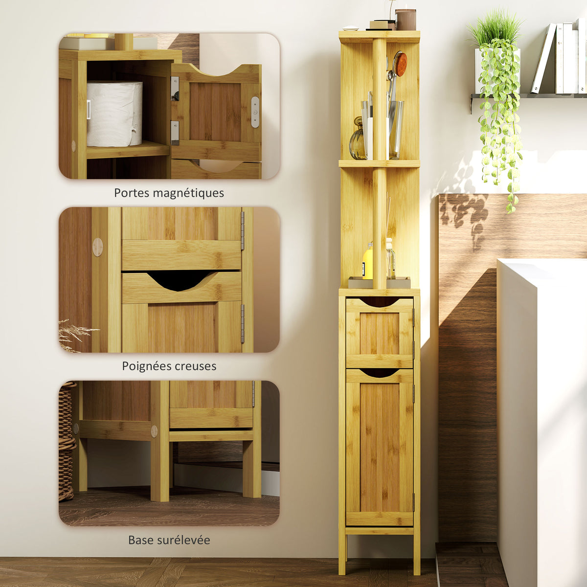 Colonne de salle de bain meuble de salle de bain avec 2 étagères 2 placards en bambou 18l x 30P x 120H cm bois naturel