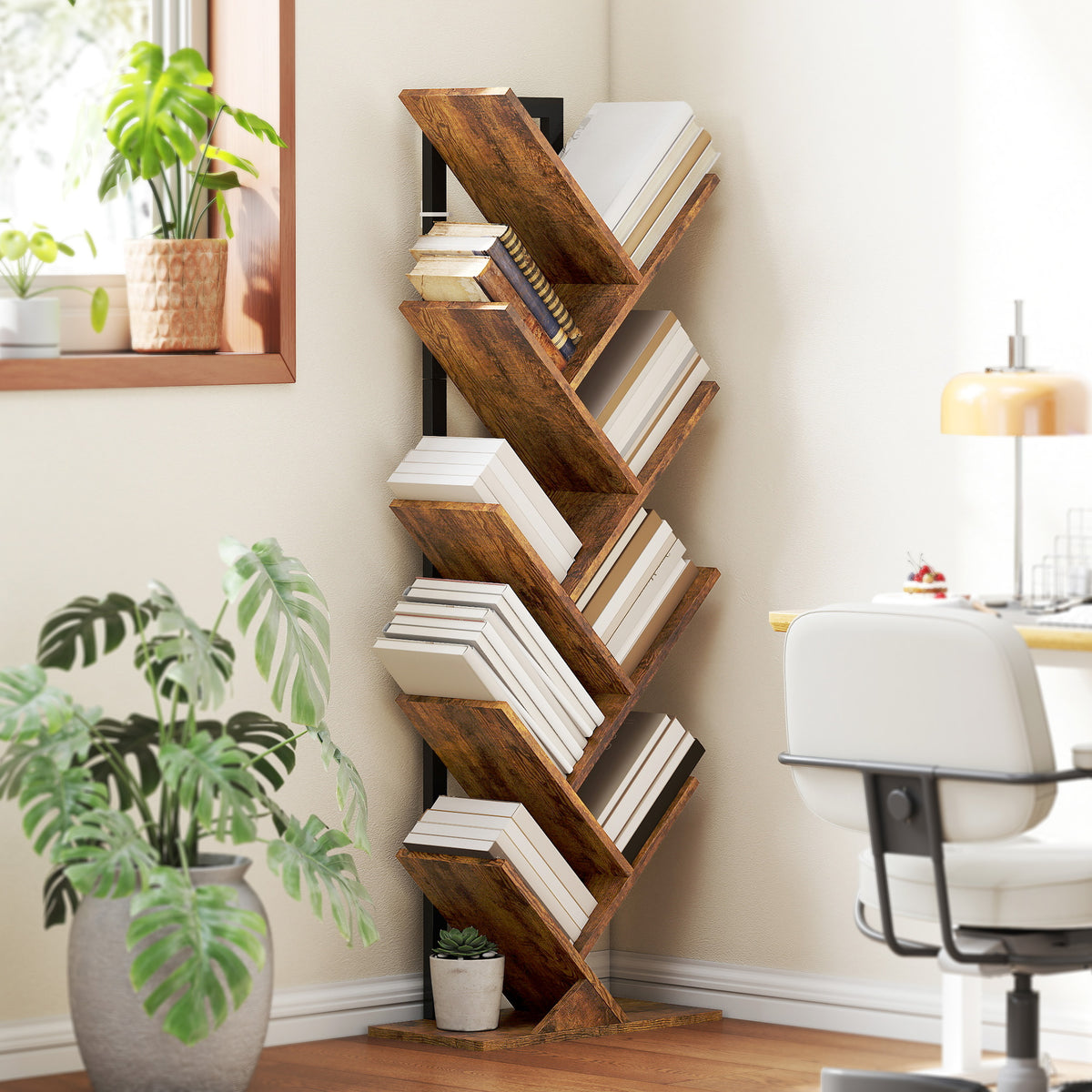 Bibliothèque Arbre à 9 Niveaux, Meuble de Rangement Industriel avec Cadre en Acier, 50x24x136cm, Brun Rustique
