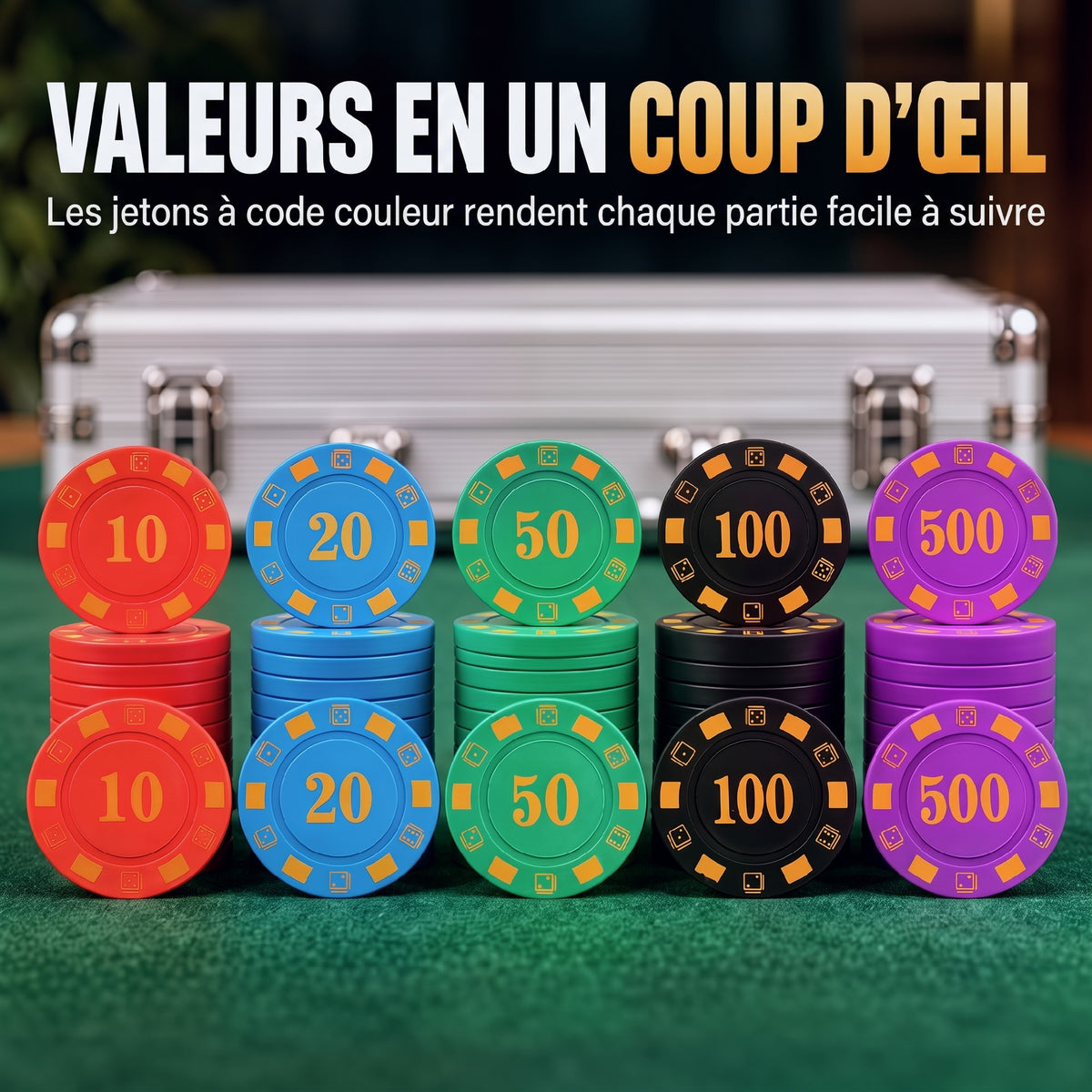 500-Chip Poker Case, 5 Denominations, 2 Decks of Cards, Playing Mat, Dealer Button, Blinds, Aluminum, 31x17x11.5cm, Silver