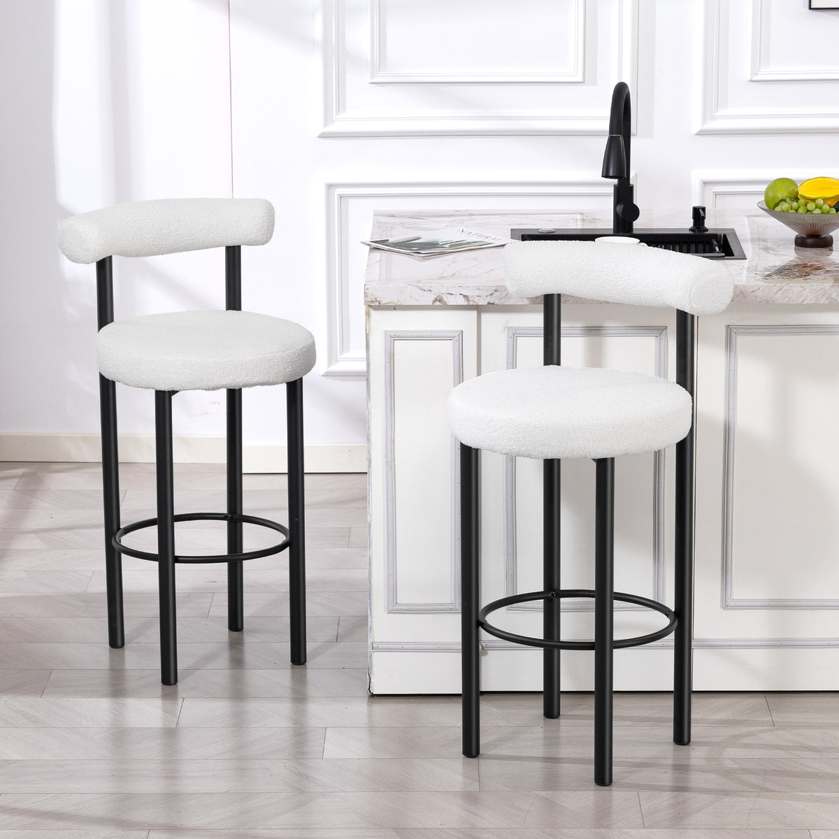 Lot de 2 tabourets de bar, chaises de bar en tissu bouclette avec dossier incurvé, repose-pieds, 50x52,5x98cm, blanc