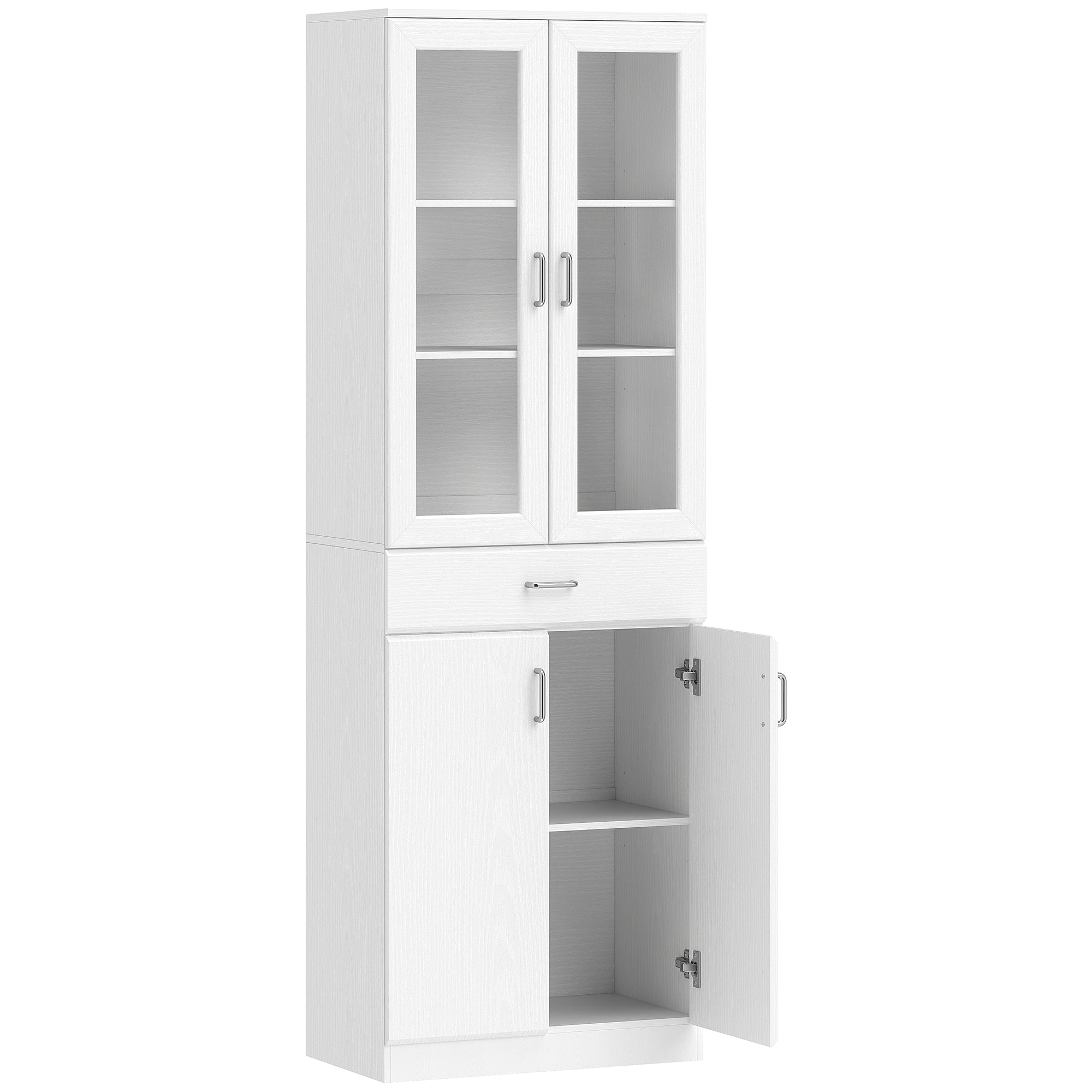 Alacena de cocina, armario de cocina, 4 puertas, 2 de ellas de cristal, cajones, estantes ajustables, 60x35x180cm, blanco