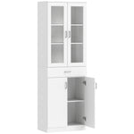 Buffet haut cuisine, armoire de cuisine, 4 portes dont 2 en verre, tiroirs, étagères réglables, 60x35x180cm, blanc