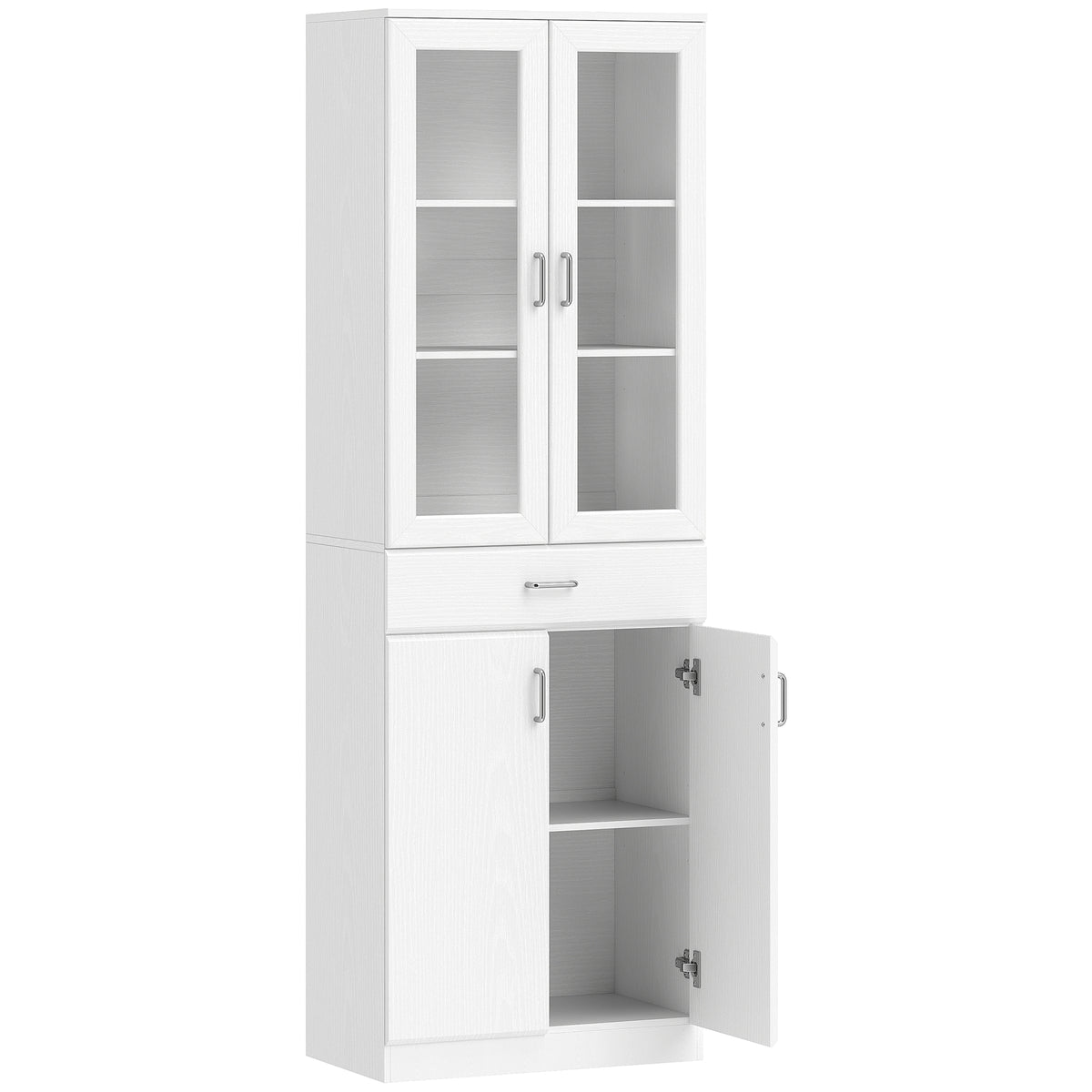 Buffet haut cuisine, armoire de cuisine, 4 portes dont 2 en verre, tiroirs, étagères réglables, 60x35x180cm, blanc