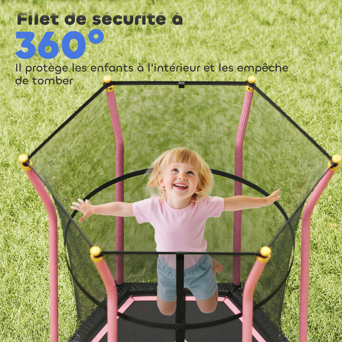 Trampoline pour enfant 1,22 x 1,11 x 1,9 m filet de sécurité porte zippée 6 poteaux rembourrés inclus rose noir