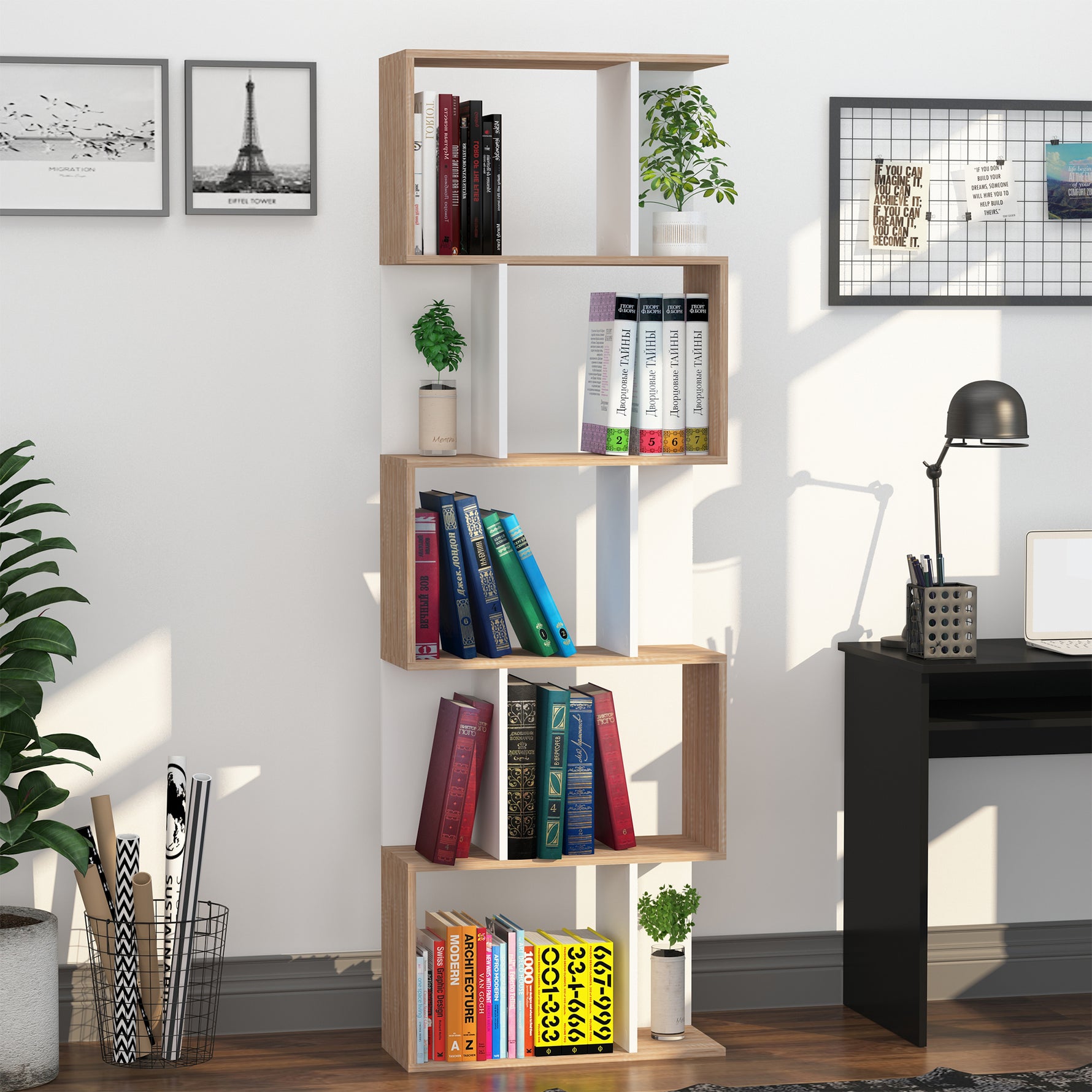 Bibliothèque à 5 niveaux, meuble de rangement en forme de S avec étagères, étagère de rangement blanc