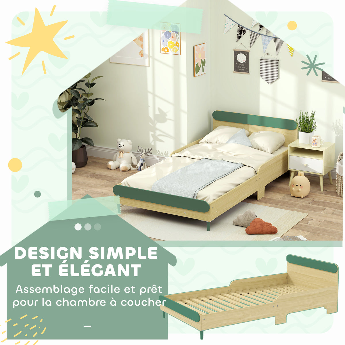 Cama infantil, cama de suelo para niños de 3 a 10 años con barrera de seguridad, somier de láminas incluido, verde