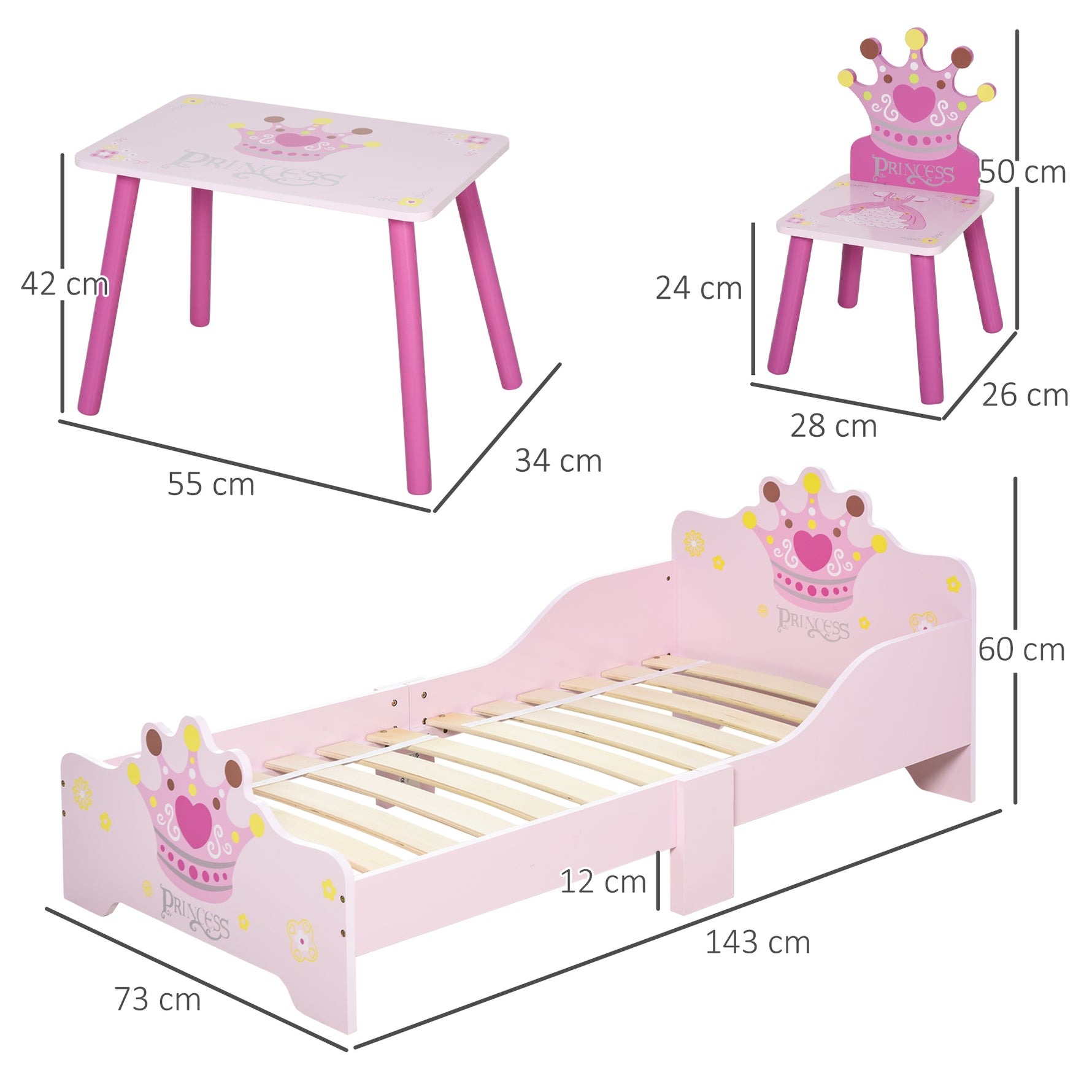 Lit Enfant et Ensemble table et chaises enfant - Design Princesse Motif Couronne - sommier à Lattes Inclus - Rose