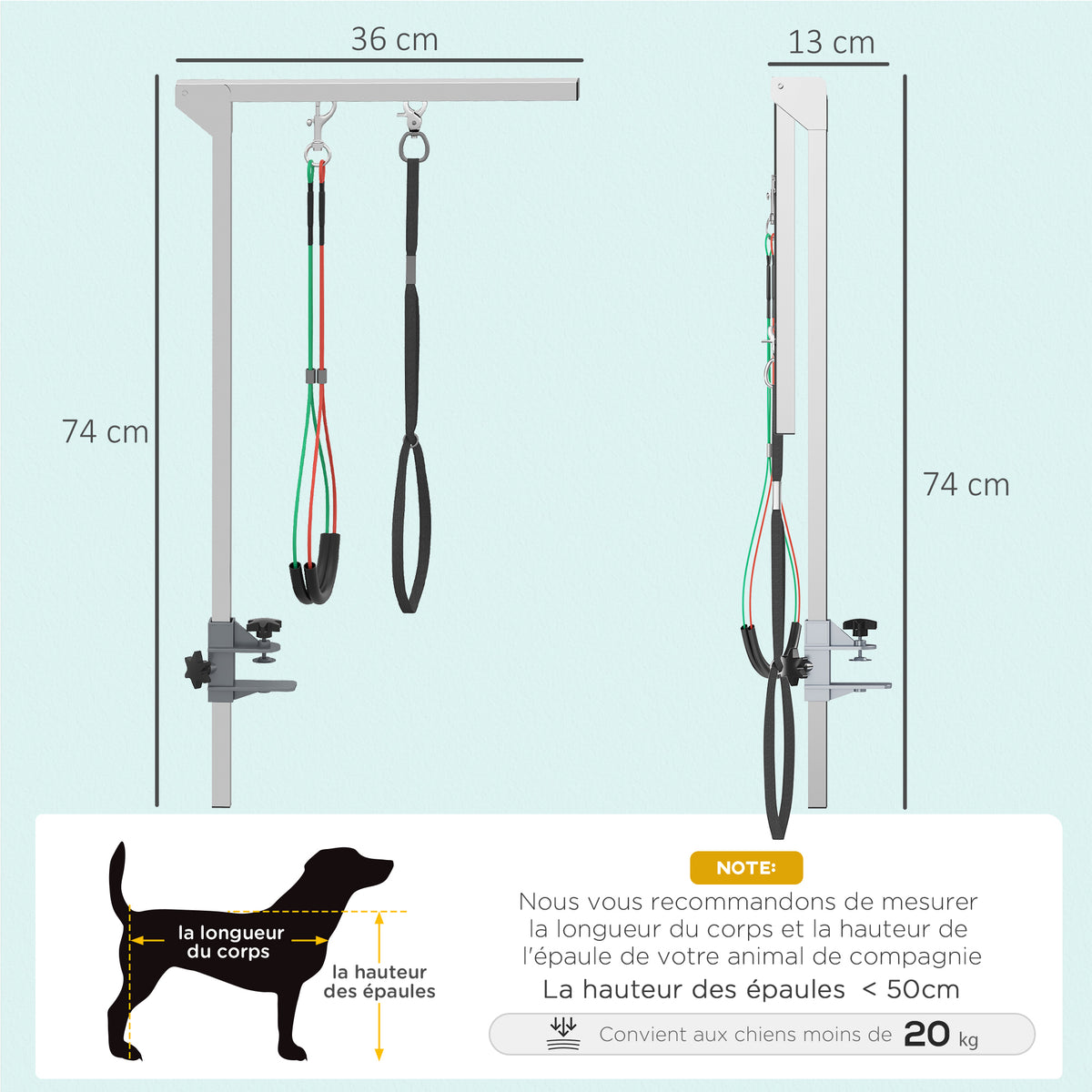 Bras de toilettage pliable pour animaux de compagnie en acier inoxydable avec collier de serrage pour chiens de grande et petite taille hauteur réglable max. 74 cm
