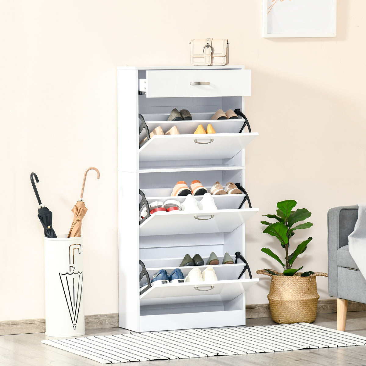 Scarpiera - 3 ante a ribalta e cassetto scorrevole - dim. 62L x 24P x 135A cm Bianco
