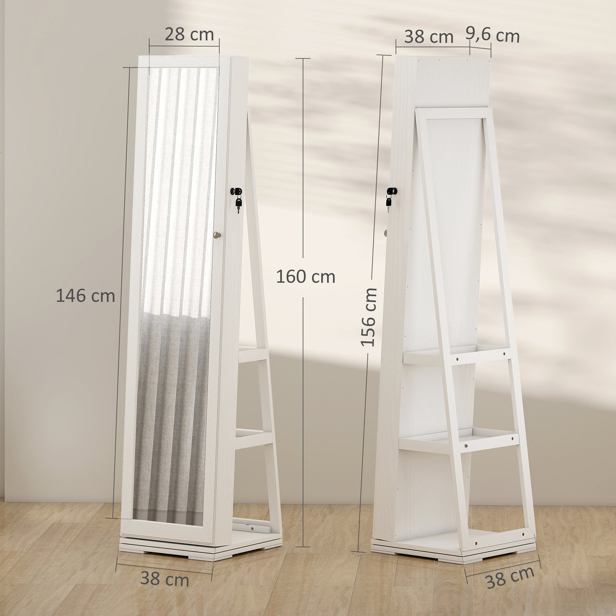 Lockable Swivel Jewelry Armoire with Mirror - Multi-Storage Jewelry Cabinet - White Wood