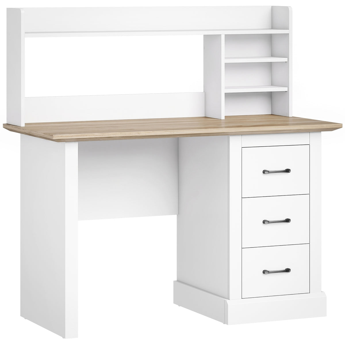 Bureau Informatique avec 3 Tiroirs, 120x55cm, Bureau avec Rangement, Étagères Ouvertes et Large Plateau, Chêne et Blanc
