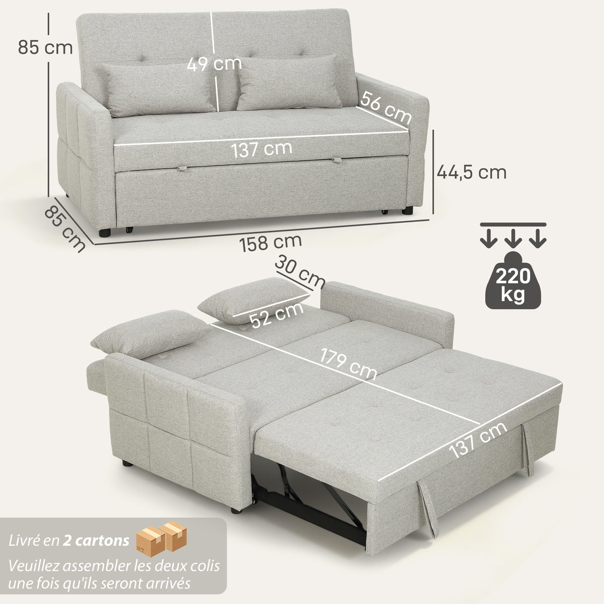 Canapé convertible 2 places 3 en 1, canapé-lit clic-clac, lit gigogne, dossier réglable, 158x85x85cm, marron clair