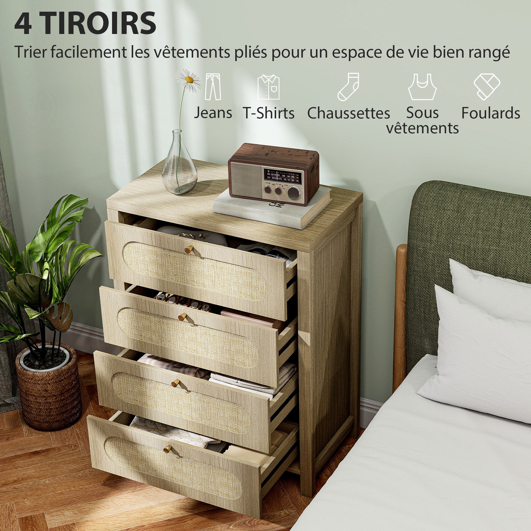 Commode 4 tiroirs meuble de rangement style bohémienne avec portes résine tressée, 70 x 38 x 93 cm, effet bois naturel