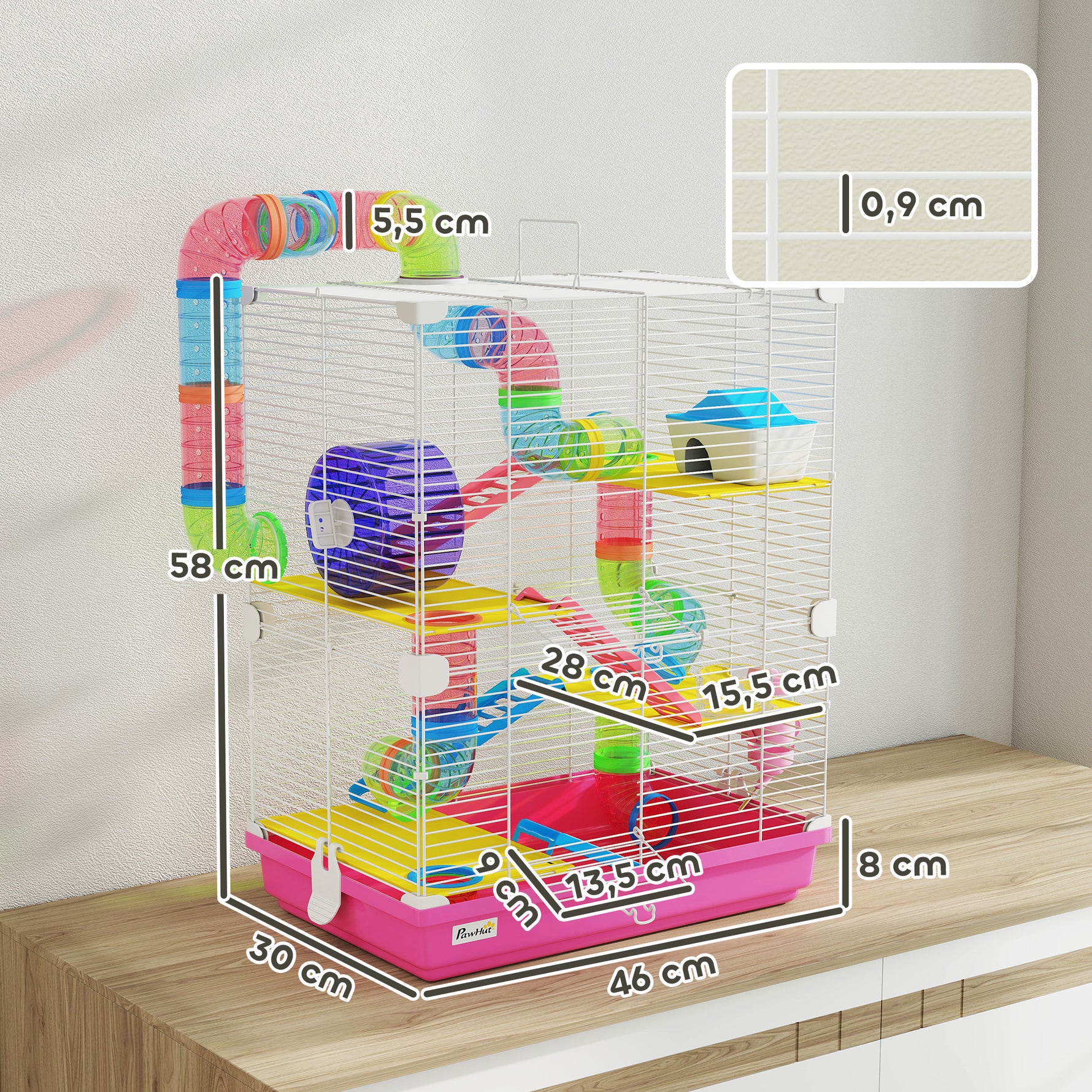 Cage pour Hamster Rongeur 5 Étages avec Tunnels, Mangeoire, Roue, Maison, Échelles, 46 x 30 x 58 cm, Rose