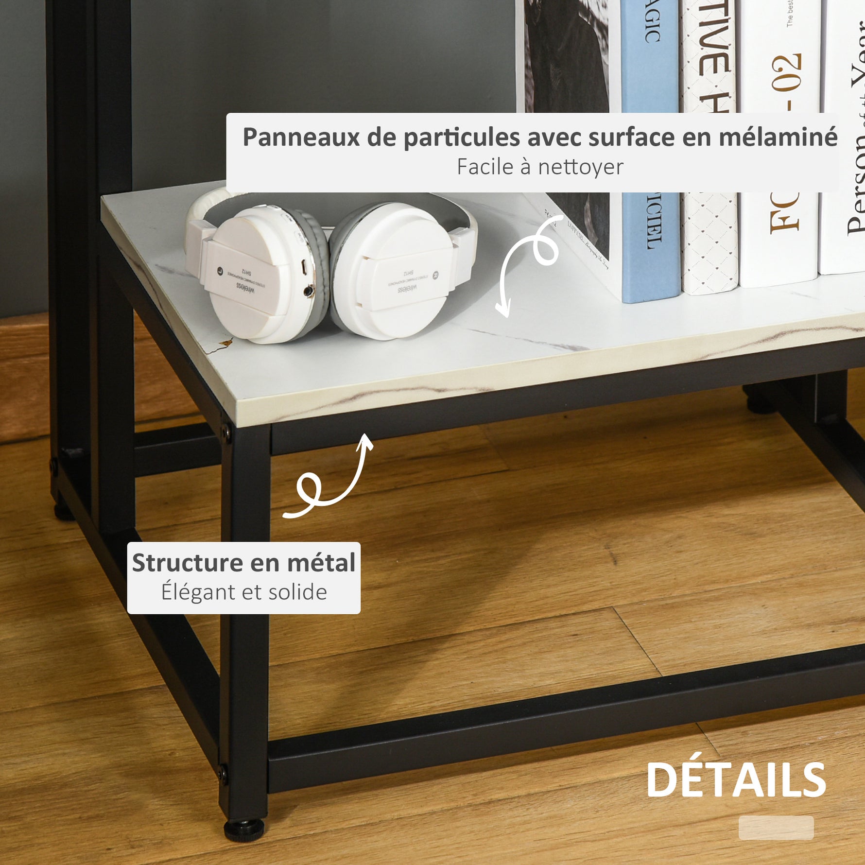 Table basse moderne salon table d'appoint chambre structure acier noir plateau étagère aspect marbre blanc