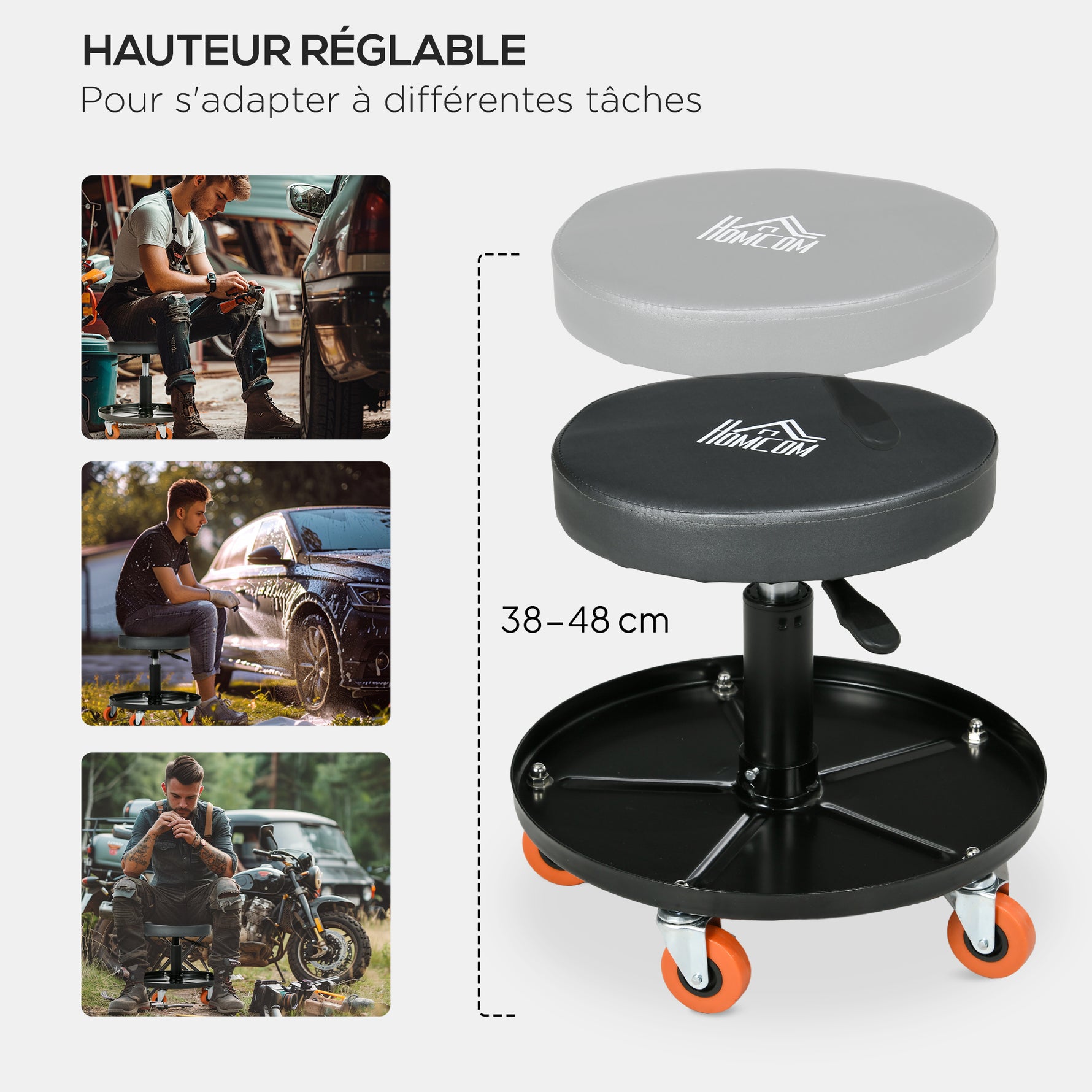 Tabouret de mécanicien siège pivotant hauteur réglable plateau de 100 kg pour le garage et la réparation automobile noir