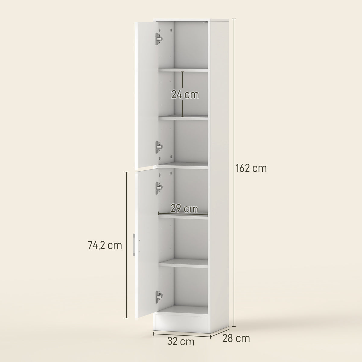 Meuble colonne salle de bain avec miroir, meuble de rangement à 6 niveaux 2 portes étagères réglables 32x28x162cm blanc
