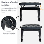 Banc de piano, banc de clavier réglable en hauteur en bois massif, tabouret piano avec siège rembourré polyuréthane à 10 boutons, stable et antidérapant, charge 200kg, noir