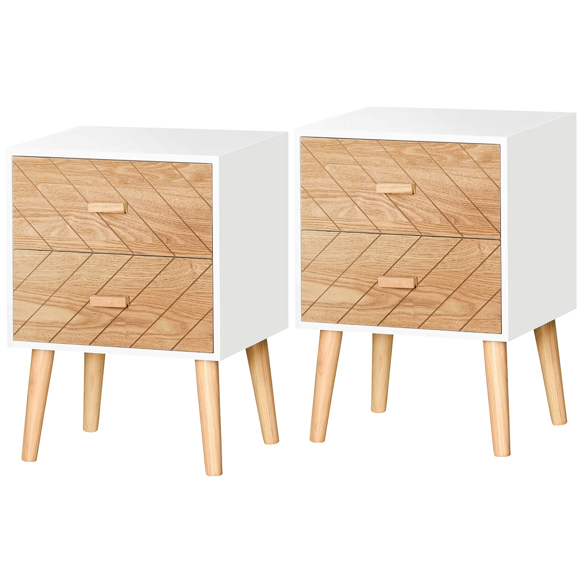 Chevet Table de Nuit Design scandinave 40L x 30l x 56H cm tiroirs Bois Massif pin MDF Blanc et hêtre Motif Graphique