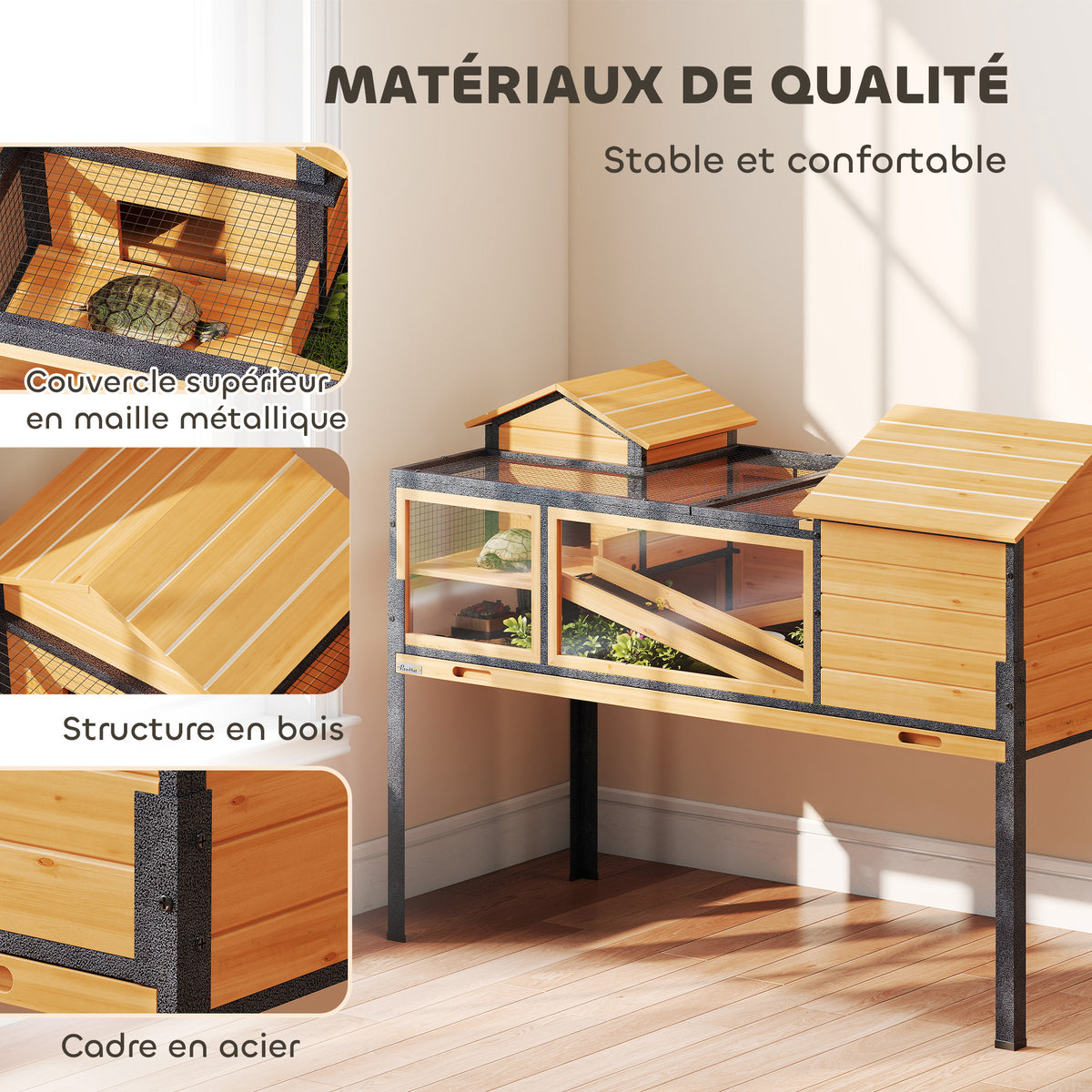 Maison pour tortues à 2 étages 2 chambres fenêtres rampes toit ouvrable et plateau 128 x 63 x 96 cm jaune