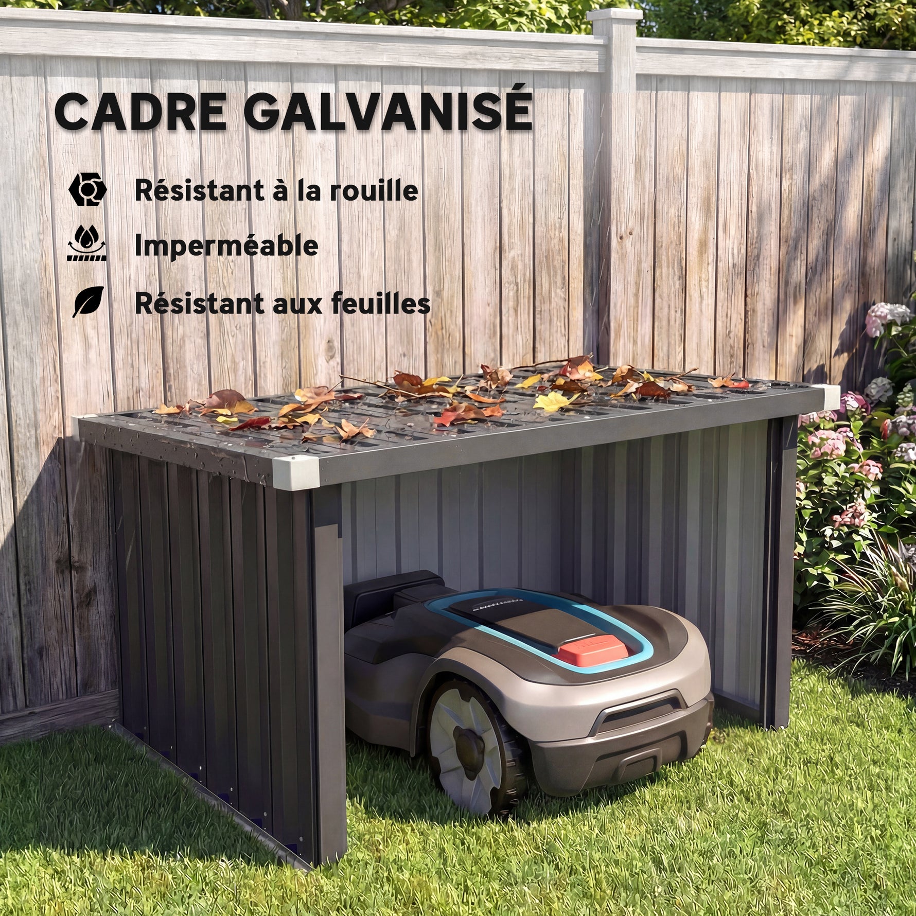 Abri Robot Tondeuse Garage pour Robot Tondeuse avec Toit incliné en acier galvanisé, 108 x 86 x 62,5 cm, gris foncé
