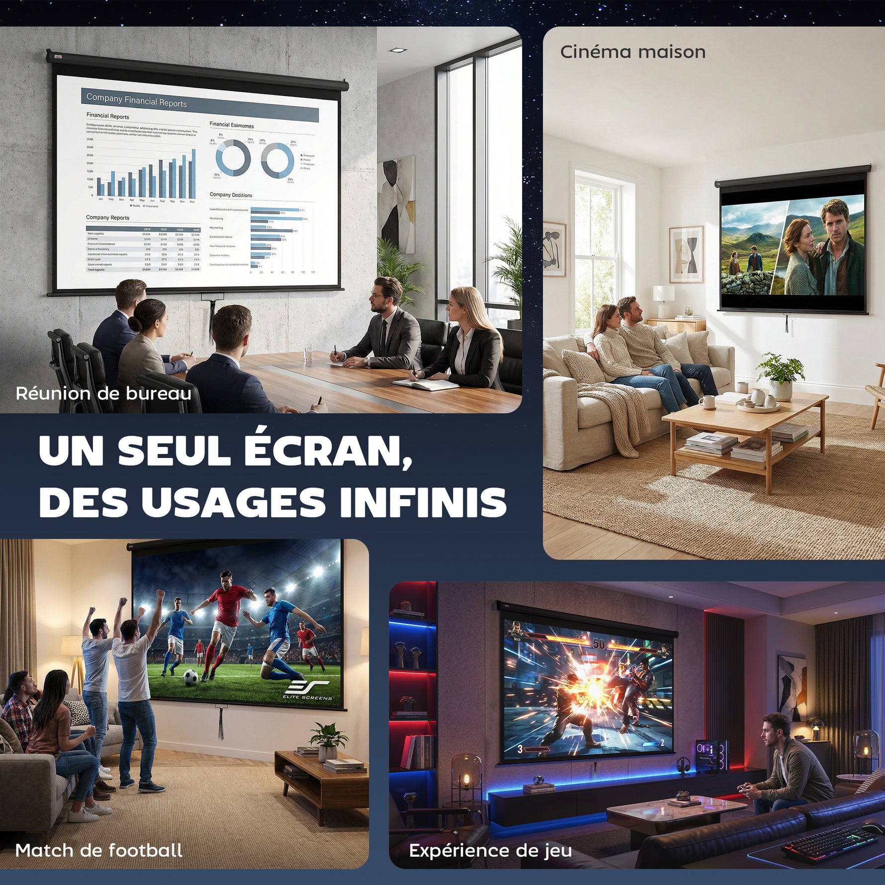 Écran de Projection 120" 4:3 HD 4K, Boîtier en Métal, Écran Hauteur Réglable Manuellement, 244x183cm, Noir