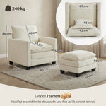 Fauteuil salon avec repose-pied, canapé 1 place en chenille, assise large, rembourrage double couche, 85x128x86cm, crème