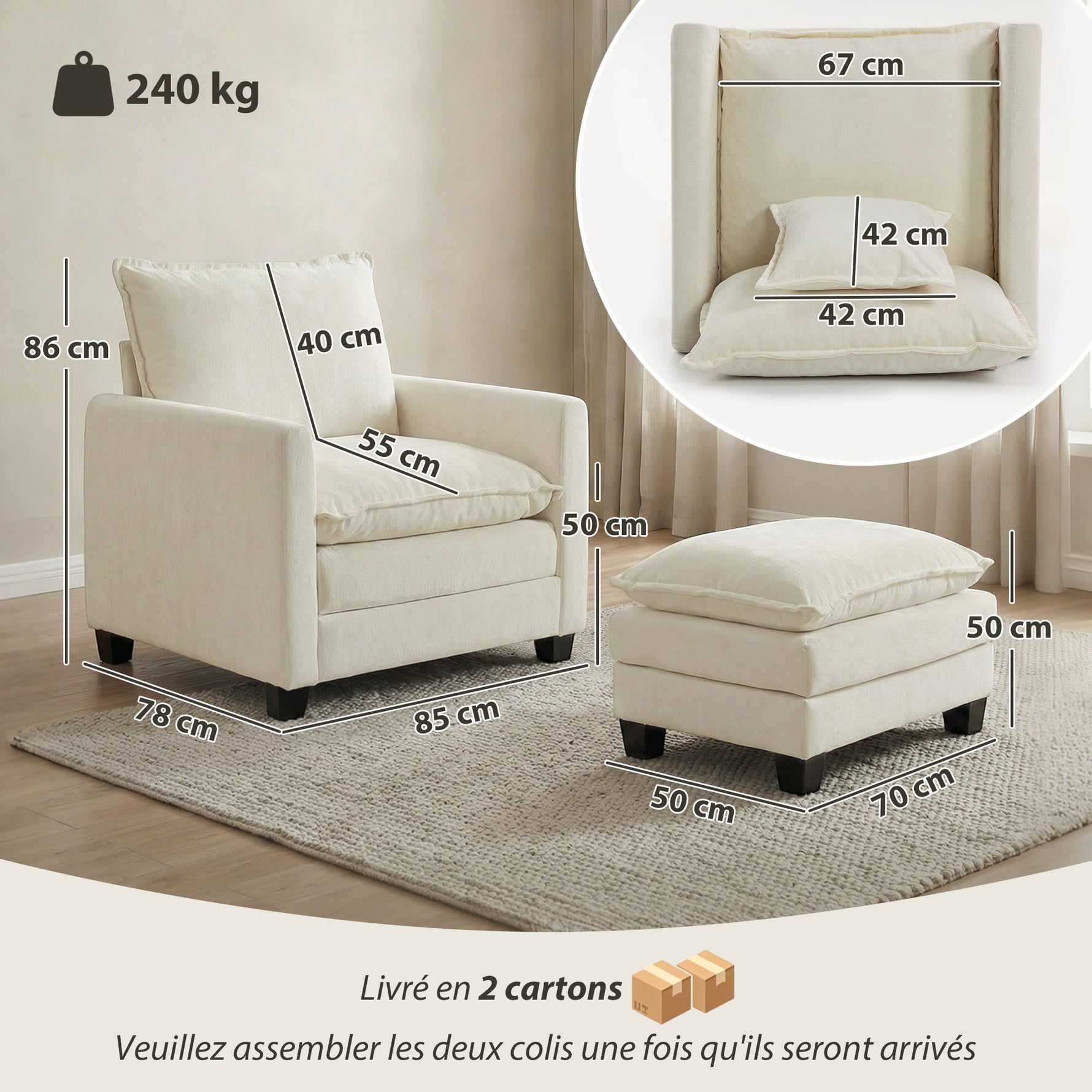 Fauteuil salon avec repose-pied, canapé 1 place en chenille, assise large, rembourrage double couche, 85x128x86cm, crème