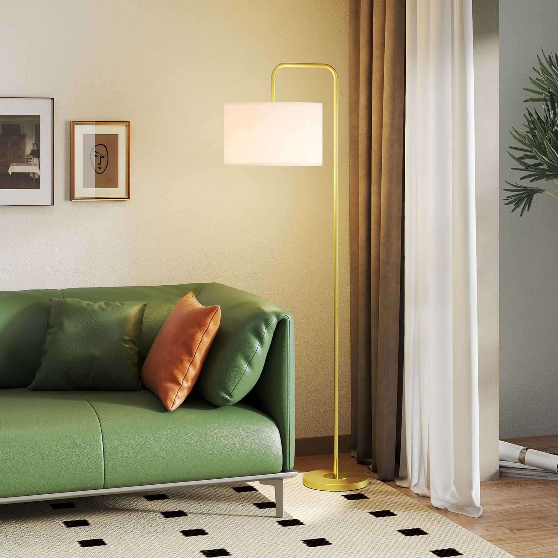 Lampadaire sur pied salon style moderne avec abat-jour aspect lin et interrupteur à pied 163,5 cm doré et blanc
