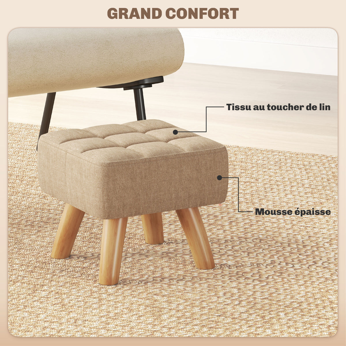 Repose pied salon ottoman siège rembourré en tissu avec pieds en bois 27 x 27 x 26 cm marron clair