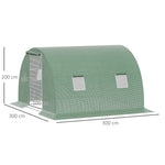 Invernadero de jardín tipo túnel 9 m² 4 ventanas, puerta enrollable con cremallera, estructura de acero galvanizado, lona de PE 3 x 3 x 2 m verde