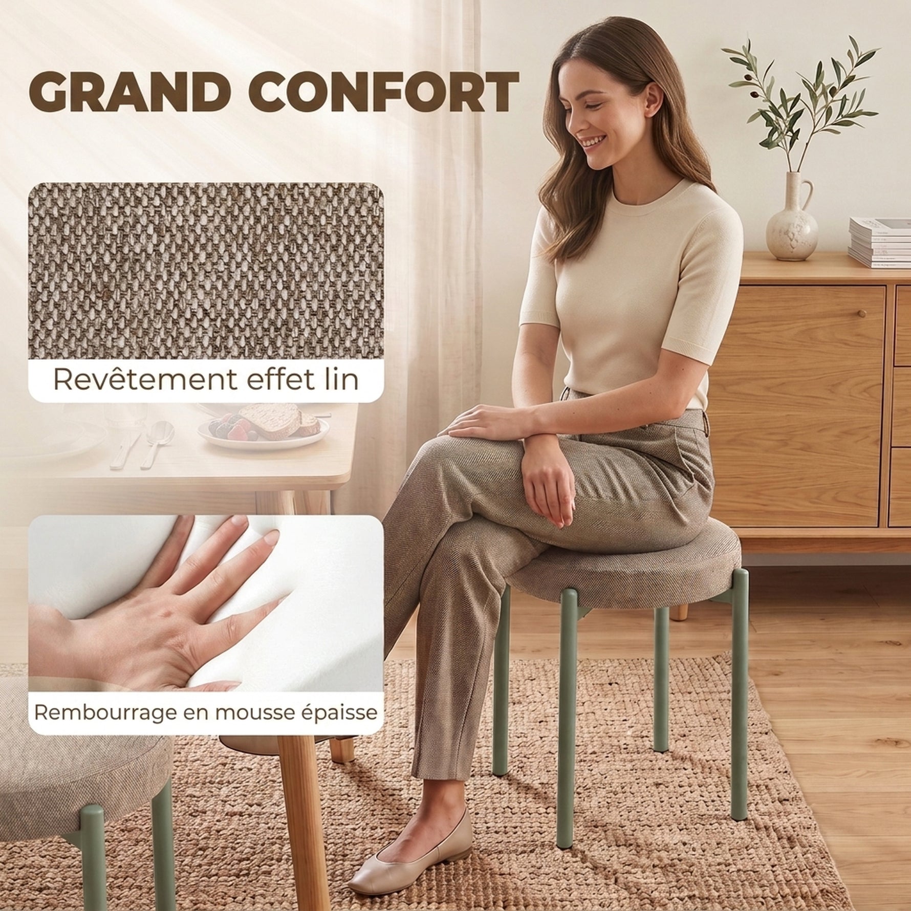 Lot de 4 Tabourets Empilables Ronds avec Assise Rembourrée, sans Dossier, Gain de Place, 45 x 45 x 47,5 cm, Marron Cair