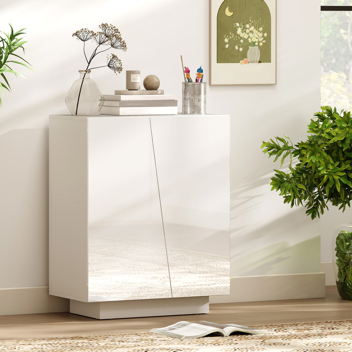Buffet meuble de rangement avec placard double porte et étagère réglable, 70 x 40 x 88 cm, blanc brillant