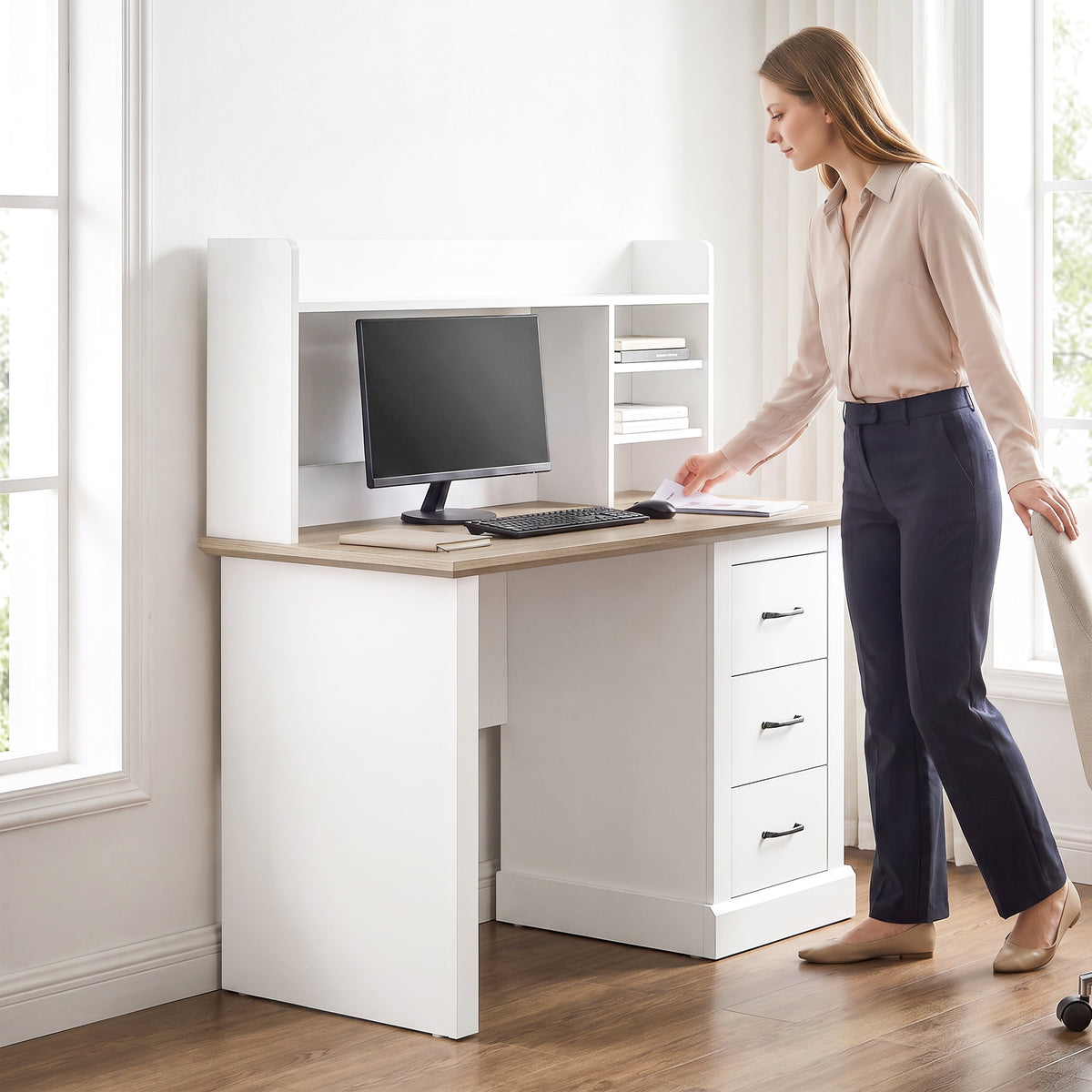 Bureau Informatique avec 3 Tiroirs, 120x55cm, Bureau avec Rangement, Étagères Ouvertes et Large Plateau, Chêne et Blanc