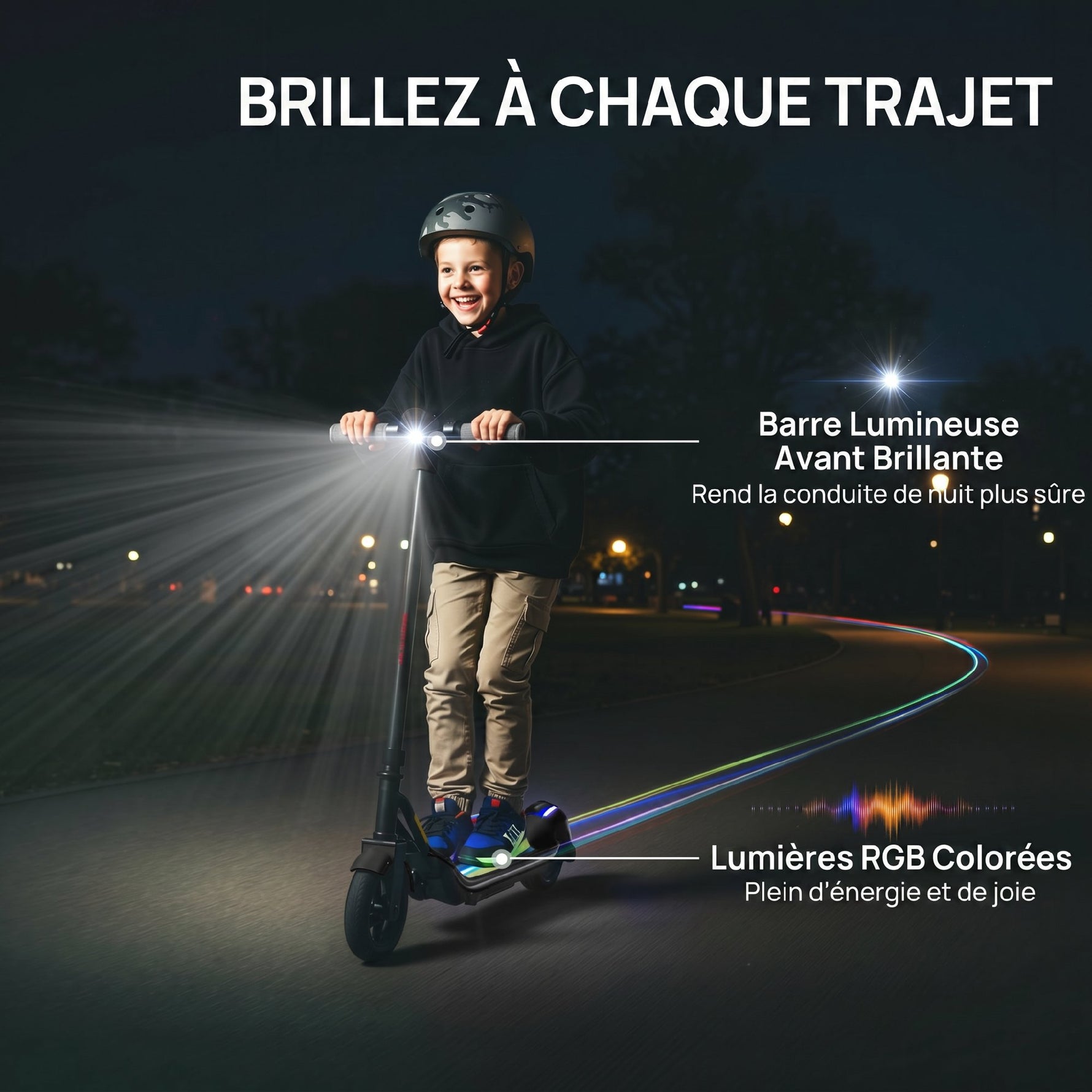 Trottinette électrique enfants 6-14 ans, écran LED, lumières RGB, pneus 6,5'', vitesse 10 km/h, démarrage au kick, noir