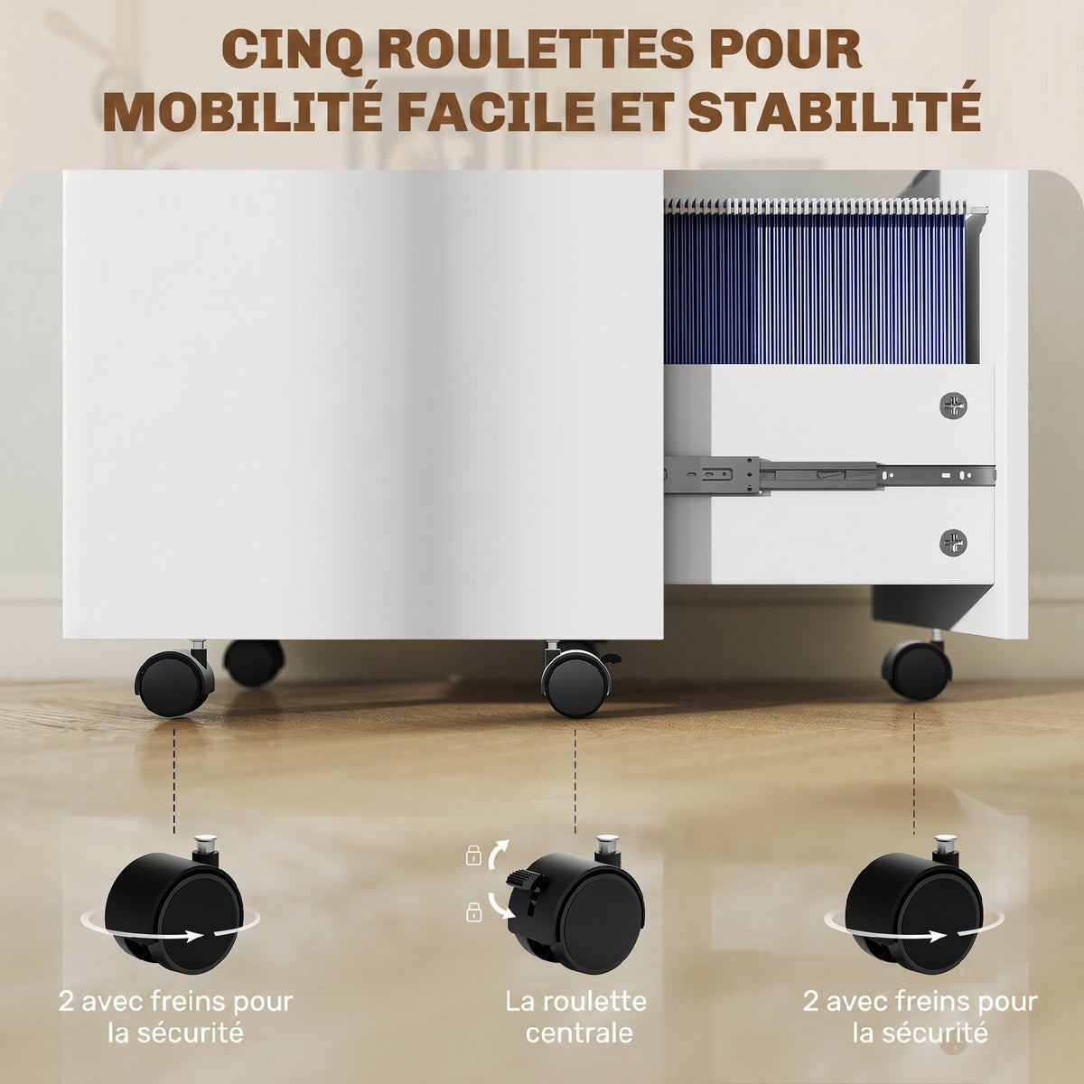 Caisson de bureau, meuble de rangement 2 tiroirs 2 barres pour dossier suspendu, verrouillable avec 2 clés 42x40x60 cm