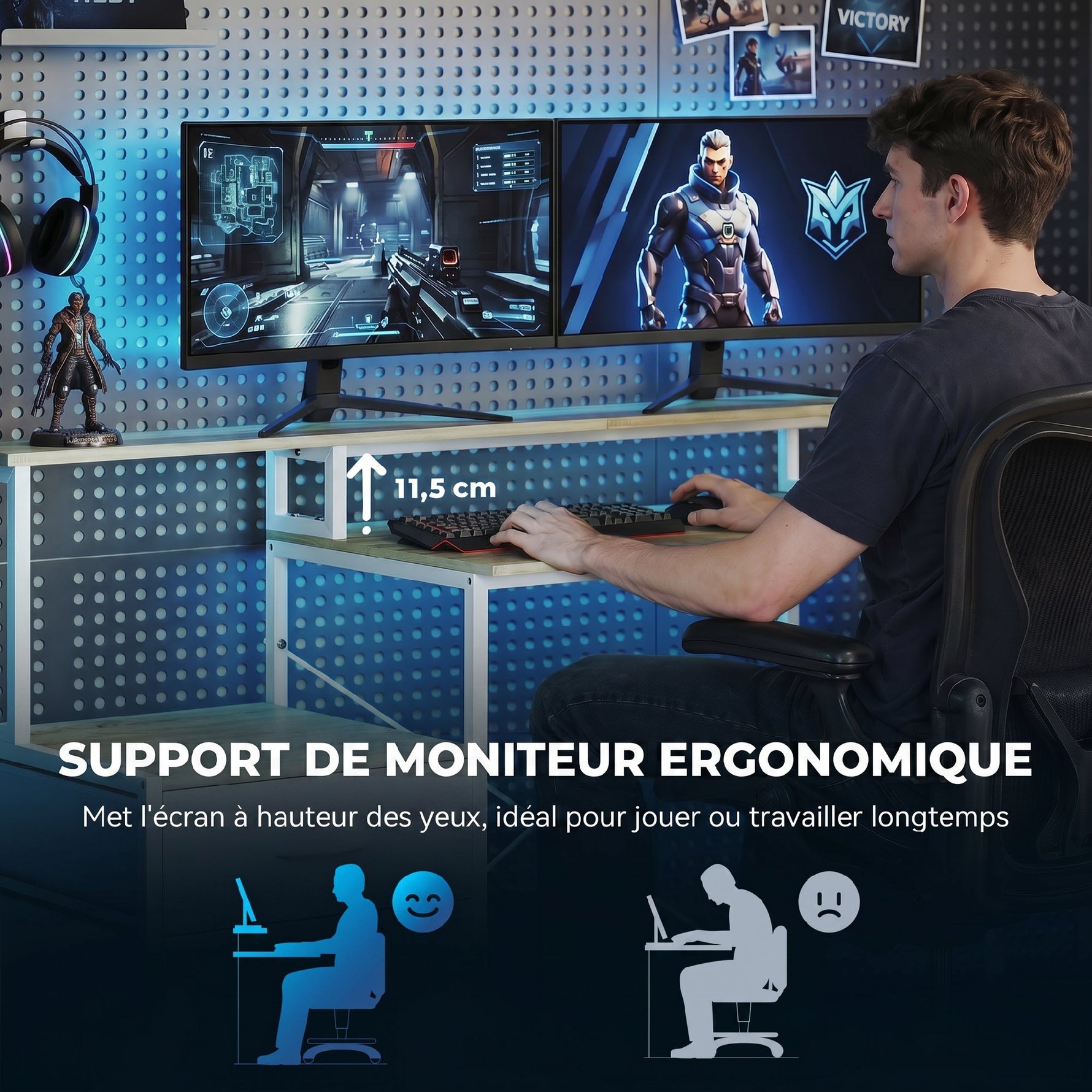 Bureau d'angle avec prises et lumières LED RGB, bureau d'ordinateur, 172 x 100 cm, support d'écran, 2 tiroirs, blanc