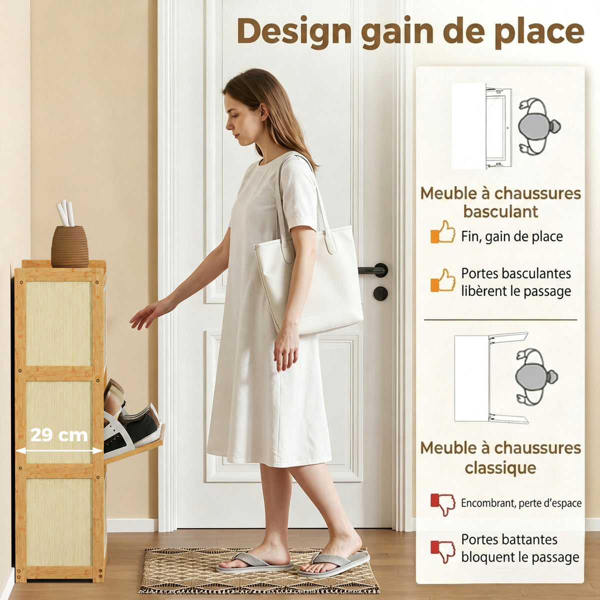 Meuble à chaussures 14 paires, armoire à chaussures 3 tiroirs rabattables, étagères réglables 69x29x119,8cm bois naturel
