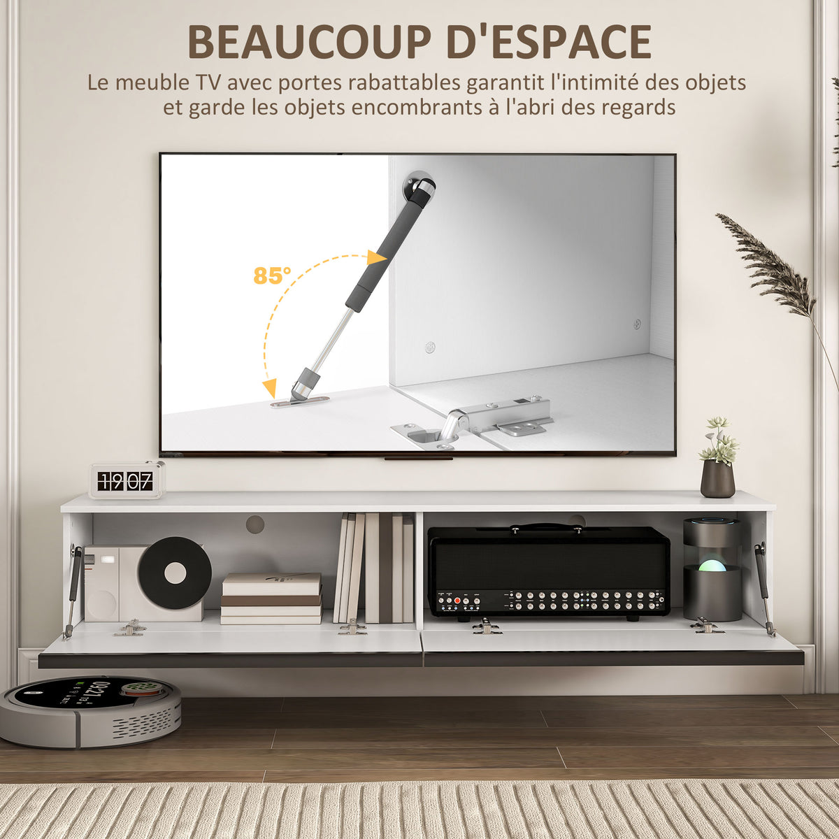 Meuble TV suspendu avec placard, pour téléviseurs jusqu'à 70 pouces, effet brillant, blanc