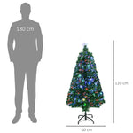 Sapin de Noël Artificiel Lumineux 120H cm Fibre Optique LED Multicolore + Support Pied 130 Branches étoile Sommet Brillante Vert