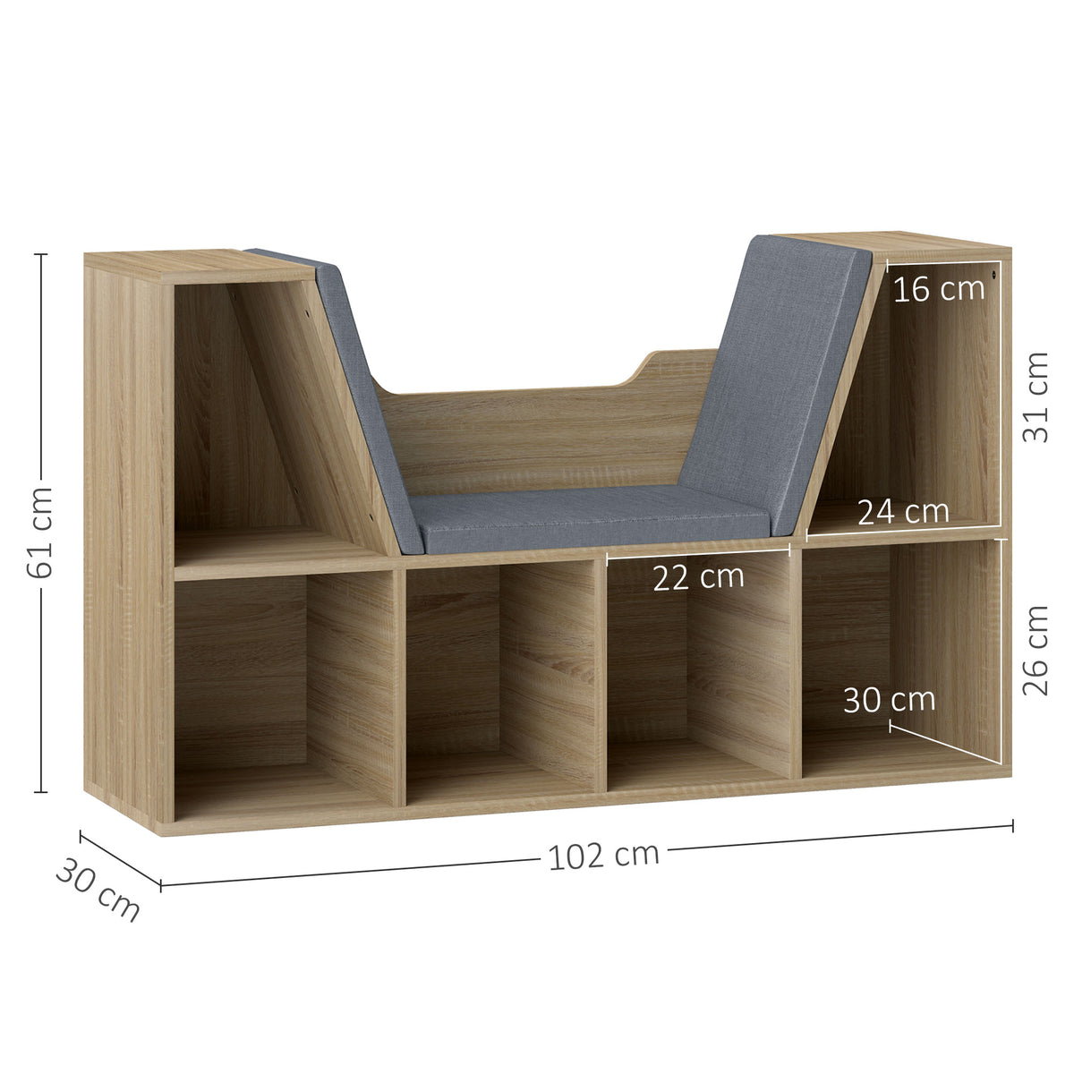 Bibliothèque Banc 2 en 1 Design Contemporain 6 casiers 3 Coussins fournis 102L x 30l x 61H cm Chêne Gris
