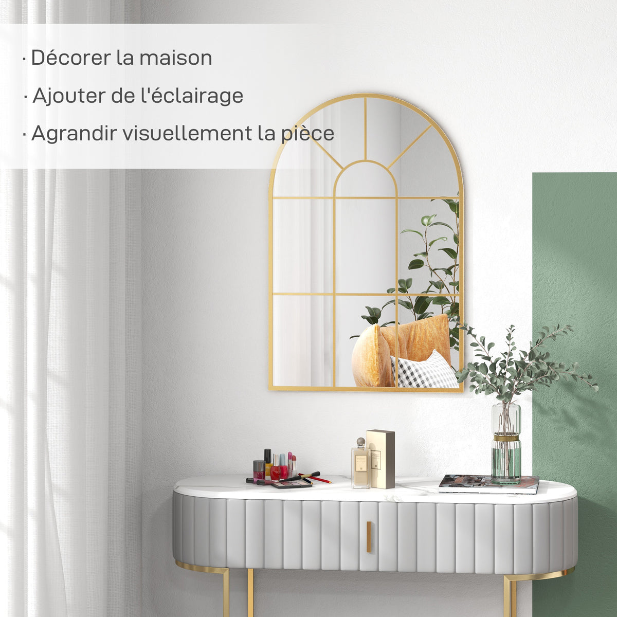 Miroir mural en métal cadre doré en forme de voûtée – 91 x 60 cm – décoration pour entrée ,chambre à coucher, salon