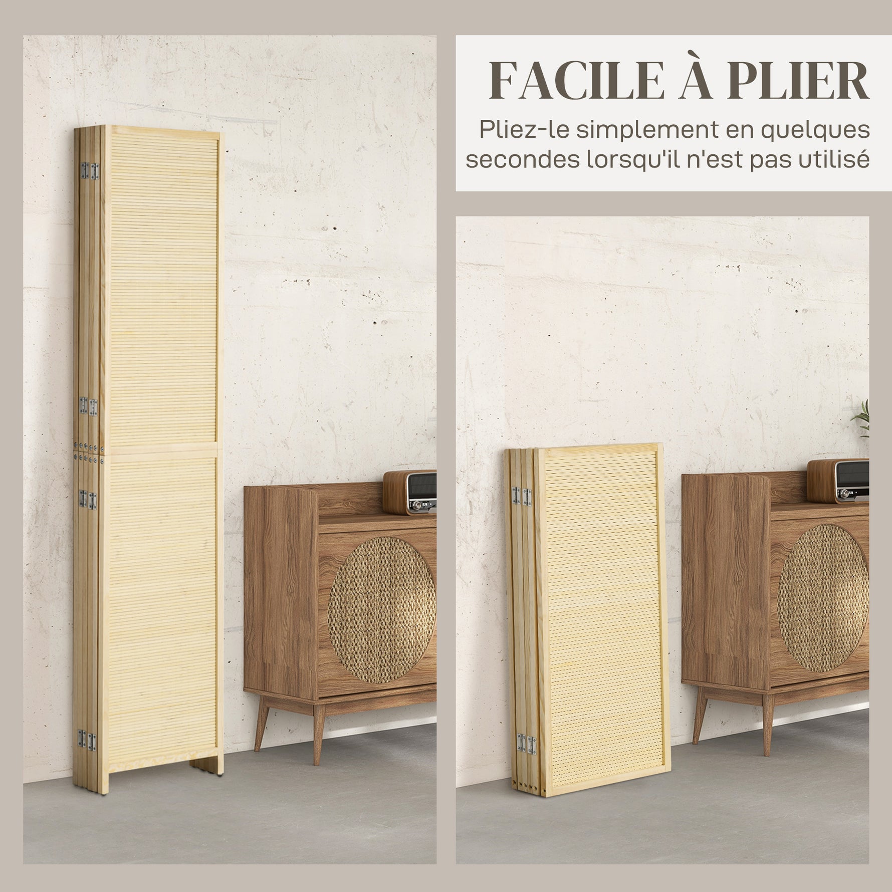 Paravent en bois de bambou 6 panneaux 270 x 180 cm séparateur de pièce cloison de séparation pliable - naturel