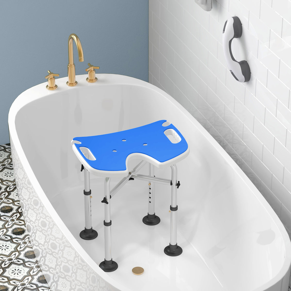 Tabouret de douche siège de douche hauteur ajustable 39-51,5 cm barre d'appui à ventouse patins à ventouse bleu foncé