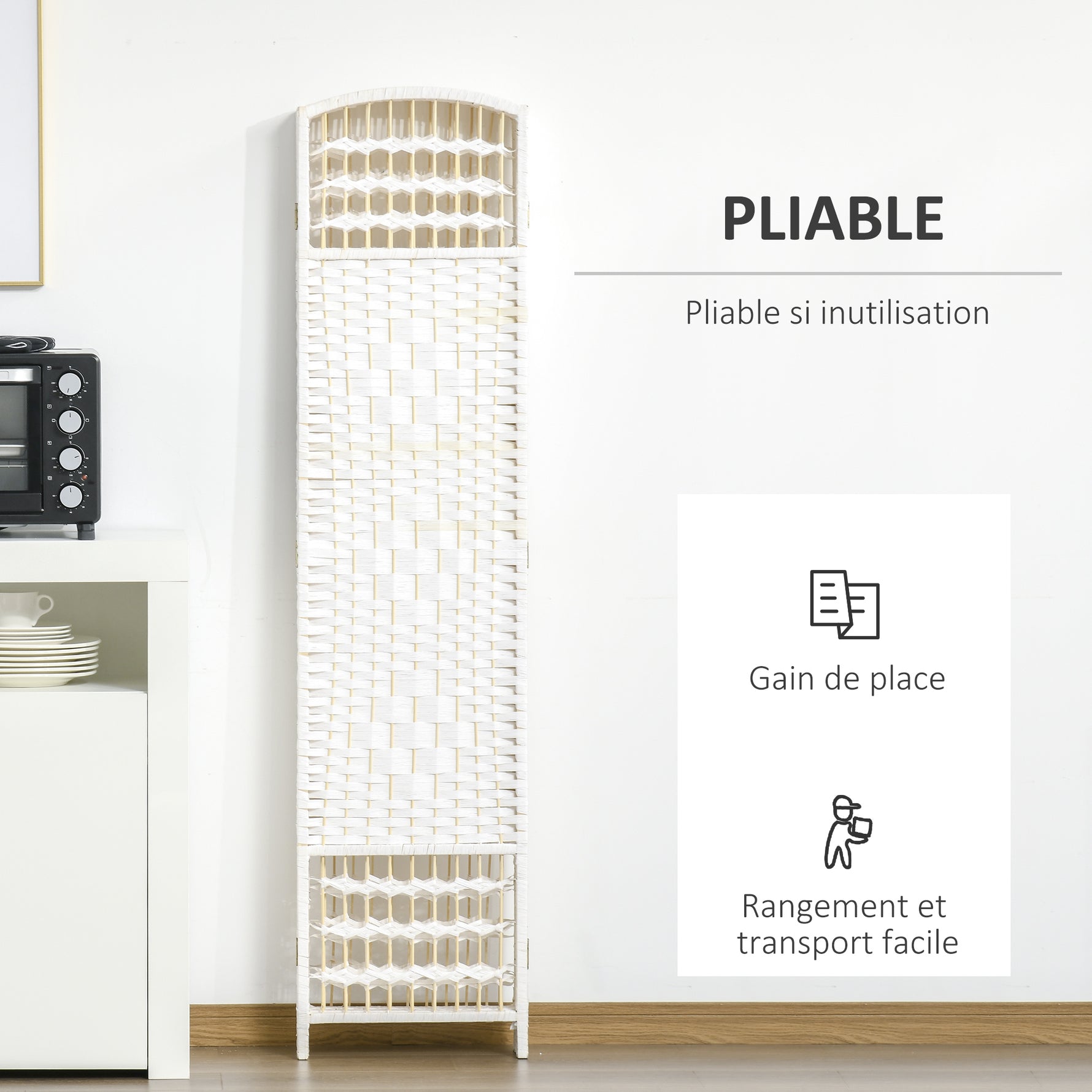 Paravent en bois 242 x 170 cm séparateur de pièce pliable 6 panneaux cloison de séparation chambre à coucher maison intérieur blanc