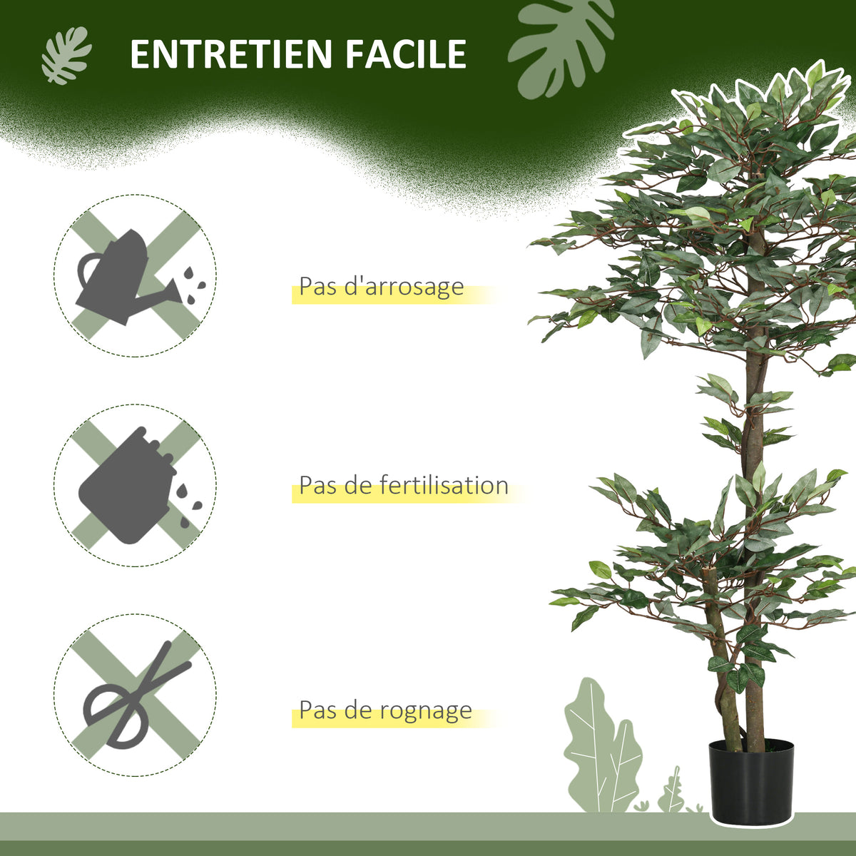 Arbre Artificiel Plante Artificiel ficus Hauteur 1,5 m Tronc Branches Liane Lichen Feuilles Grand réalisme Pot Inclus