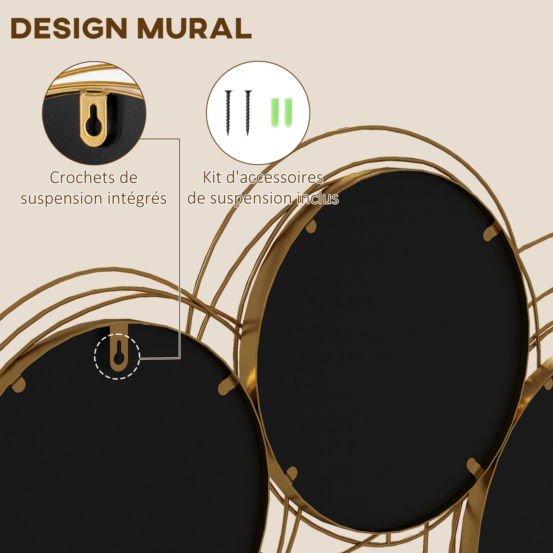 Ensemble de 4 miroirs ronds en métal dorés 107 x 56 cm