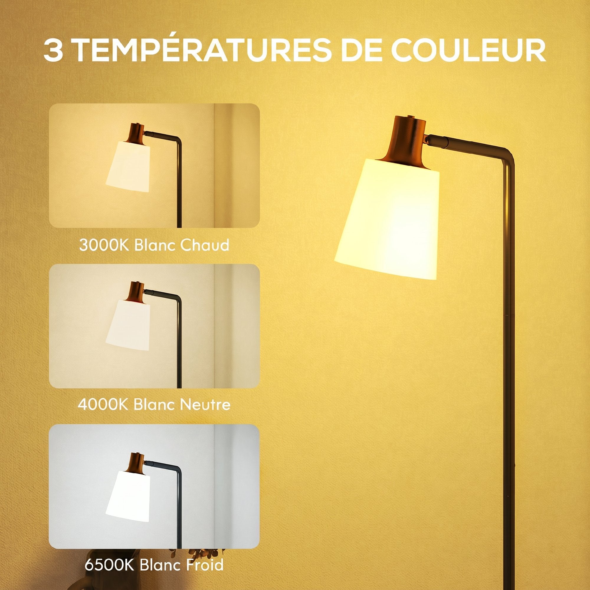Lampadaire sur Pied Salon à Tête Rotative à 350°, Lampe sur Pied Moderne avec 3 Températures de Couleur, Noir