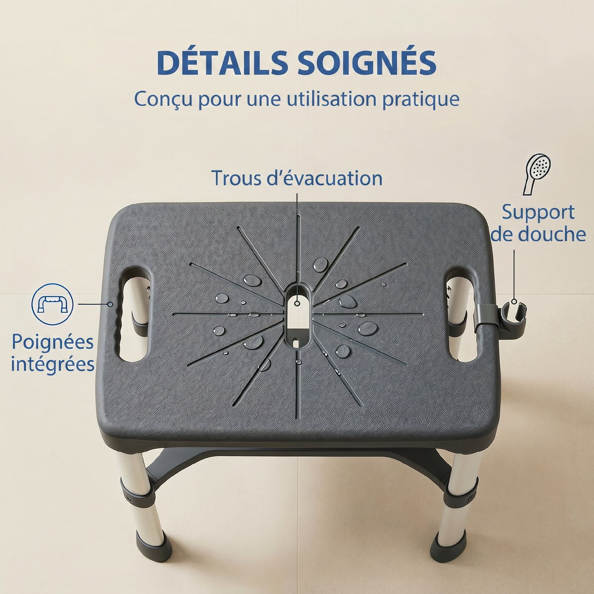 Tabouret de Douche Hauteur Ajustable avec Étagère Intégrée et Barre d'Appui à Ventouse pour Seniors et Handicapés, Gris